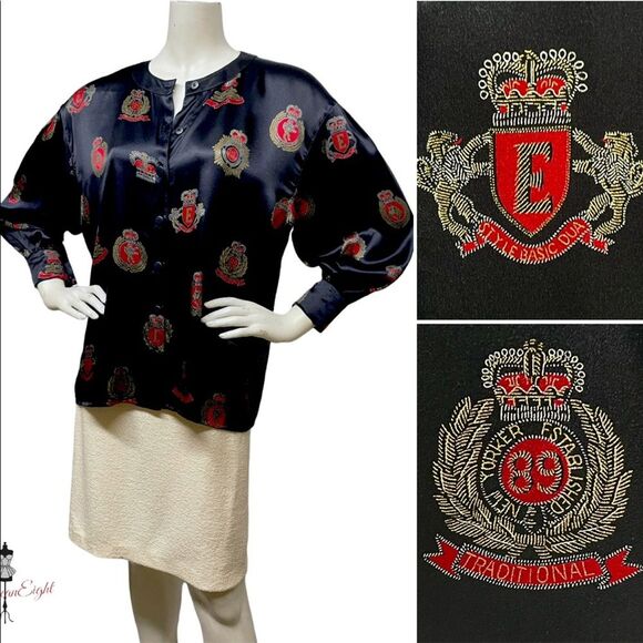 ESCADA Margaretha Ley Vintage 80s Button Up Silk Blouse Medals Crest 40 10 OVRSZ - Picture 4 of 14